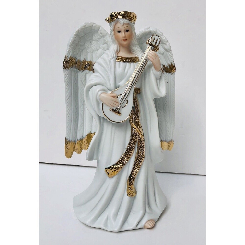 Vintage TRADITIONS Collectable PORCELAIN ANGEL 8.75". Gold Hand Painted Accents